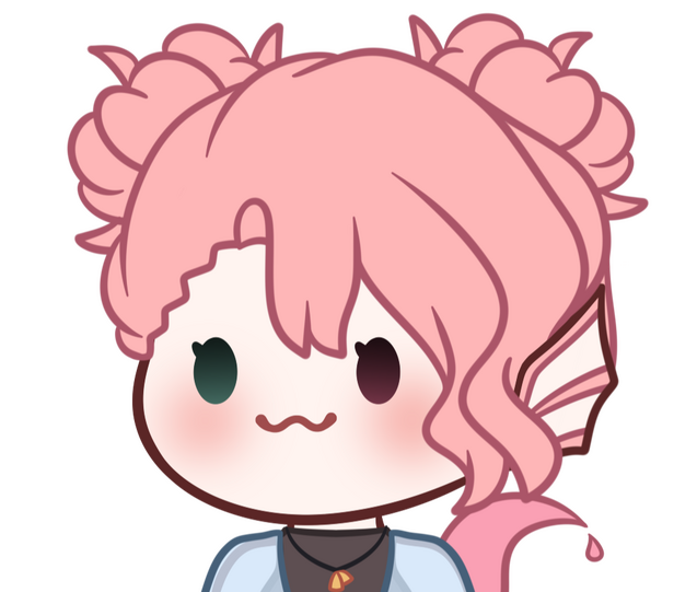 Cafe's PNGtuber that has white skin, one seafoam green eye, one redish pink eye, pink hair styled into space buns, long wavy fringe, pink sea creature, drippy pink tail, black crop top, sheer blue cover up, and black necklace.