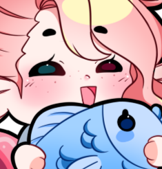 Chibi emote of Cafe's OC. They are a sea creature human hybrid with pink hair, white skin, one pink/red eye, one seafoam green eye, sea creature ears & tail, and they are holding a cute blue fish.